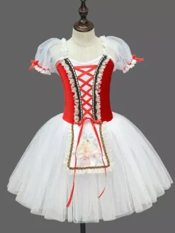 Robe de ballet rouge en dentelle bandage pour fille robe de ballerine en polyester tenue de danse