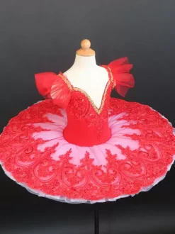 Robe de Ballet Rouge Femme Adulte Ballerine Paillettes Dentelle Dentelle Polyester Robe Ensemble Tenue de Performance