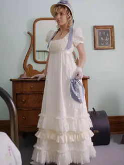 Robe De Brigerton Robe Régence Écru Blanc Rétro Costumes Dentelle Polyester Robe Marie Antoinette Costume Femmes Vintage Fête Robe De Bal