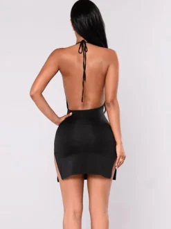 Robe de Club Courte Sexy en Mousselines avec Bretelles à Col Décolleté en V Coupe Cintrée avec Fente Unicolore Robe de Club Sexy