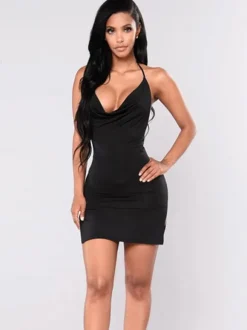 Robe de Club Courte Sexy en Mousselines avec Bretelles à Col Décolleté en V Coupe Cintrée avec Fente Unicolore Robe de Club Sexy