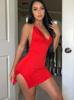 Robe de Club Courte Sexy en Mousselines avec Bretelles à Col Décolleté en V Coupe Cintrée avec Fente Unicolore Robe de Club Sexy