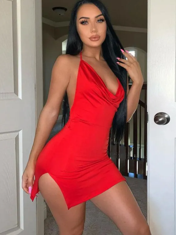 Robe de Club Courte Sexy en Mousselines avec Bretelles à Col Décolleté en V Coupe Cintrée avec Fente Unicolore Robe de Club Sexy