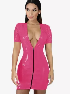 Robe De Club Femmes Col En V Sexy Zipper Manches Courtes En Cuir PU Robe Sexy Rouge