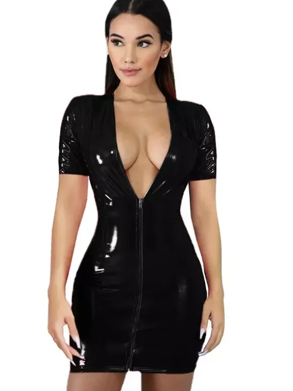 Robe De Club Femmes Col En V Sexy Zipper Manches Courtes En Cuir PU Robe Sexy Rouge