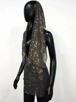 Robe de club noire à capuche avec strass robe sexy sans manches