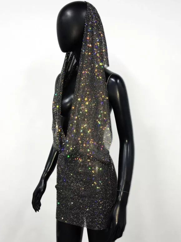 Robe de club noire à capuche avec strass robe sexy sans manches