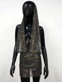 Robe de club noire à capuche avec strass robe sexy sans manches