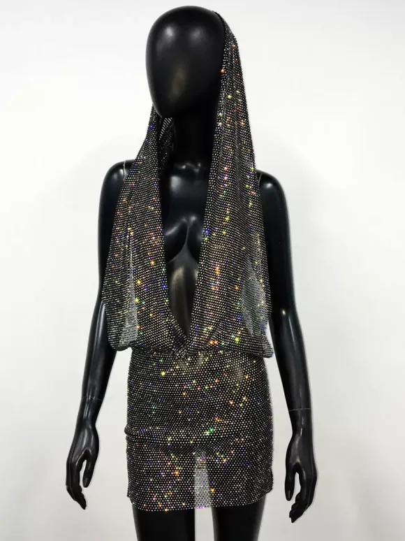 Robe de club noire à capuche avec strass robe sexy sans manches