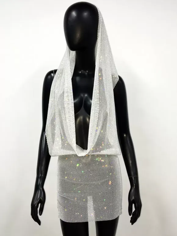 Robe de club noire à capuche avec strass robe sexy sans manches