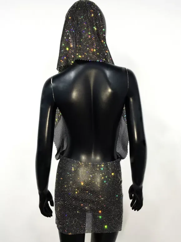 Robe de club noire à capuche avec strass robe sexy sans manches
