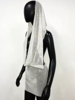 Robe de club noire à capuche avec strass robe sexy sans manches