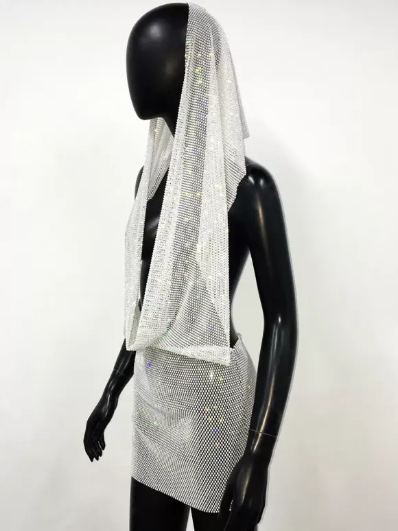 Robe de club noire à capuche avec strass robe sexy sans manches