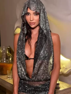 Robe de club noire à capuche avec strass robe sexy sans manches