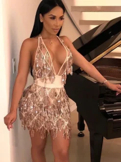 Robe de club pour femme Robe sexy en polyester sans manches à franges à encolure en V noire