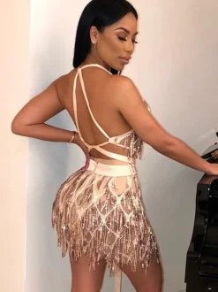 Robe de club pour femme Robe sexy en polyester sans manches à franges à encolure en V noire