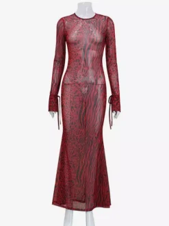 Robe de club pour femmes col bijou sexy manches longues polyester robe sexy rouge