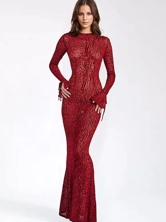 Robe de club pour femmes col bijou sexy manches longues polyester robe sexy rouge