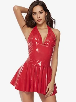 Robe de Club Rouge Sans Manches en Cuir PU Robe Sexy Pole Dance Costumes