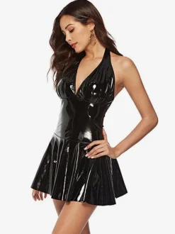 Robe de Club Rouge Sans Manches en Cuir PU Robe Sexy Pole Dance Costumes