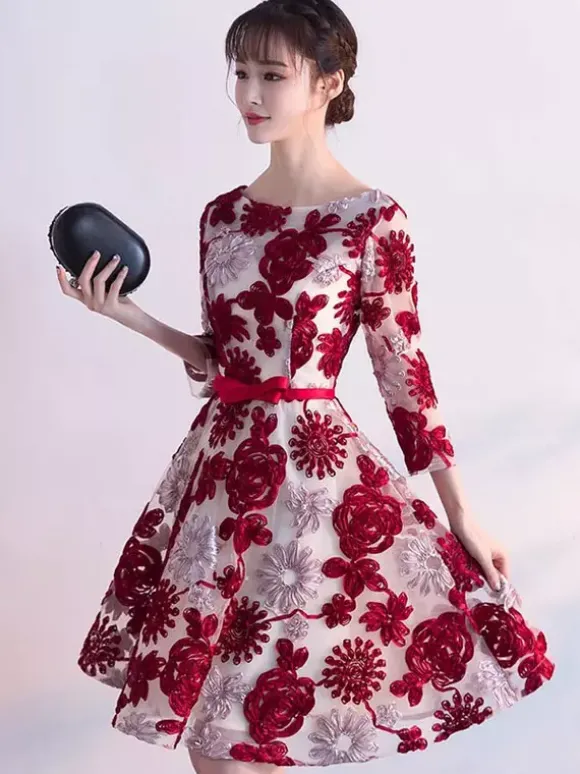 Robe de cocktail col bateau demi-manche bleu marine foncé longueur au genou Robe de soirée