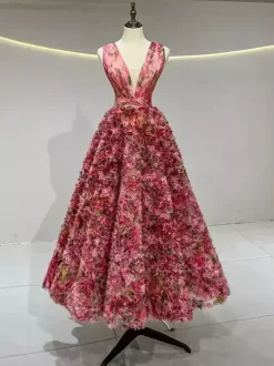 Robe de cocktail vintage robe de bal glamour longueur thé col en V fleurs