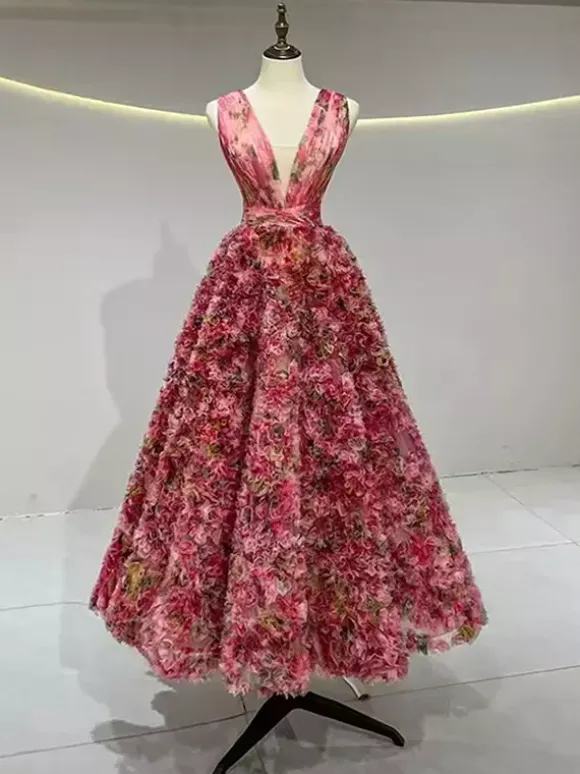 Robe de cocktail vintage robe de bal glamour longueur thé col en V fleurs