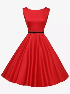 Robe de cocktail vintage années 1950 pour femme - Robe midi style Audery sans manches col bateau coupe trapèze et ceinture - Idéale pour un mariage (2026)