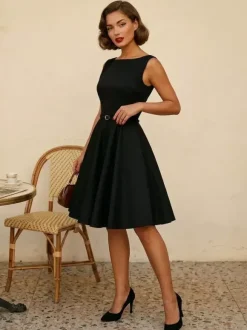 Robe de cocktail vintage années 1950 pour femme - Robe midi style Audery sans manches col bateau coupe trapèze et ceinture - Idéale pour un mariage (2026)