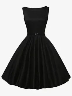 Robe de cocktail vintage années 1950 pour femme - Robe midi style Audery sans manches col bateau coupe trapèze et ceinture - Idéale pour un mariage (2026)