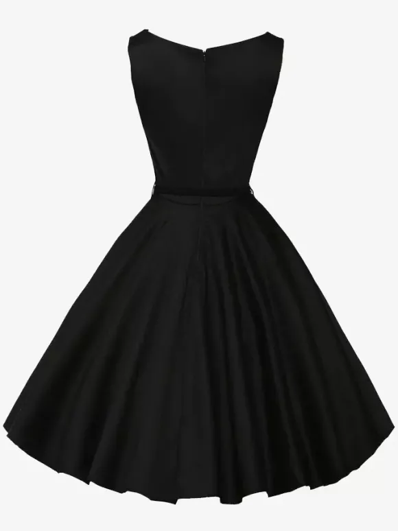 Robe de cocktail vintage années 1950 pour femme - Robe midi style Audery sans manches col bateau coupe trapèze et ceinture - Idéale pour un mariage (2026)