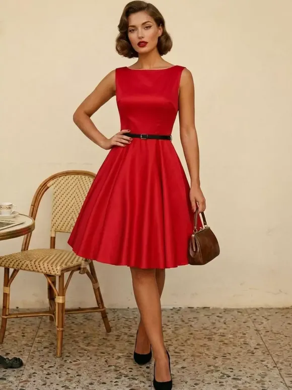 Robe de cocktail vintage années 1950 pour femme - Robe midi style Audery sans manches col bateau coupe trapèze et ceinture - Idéale pour un mariage (2026)