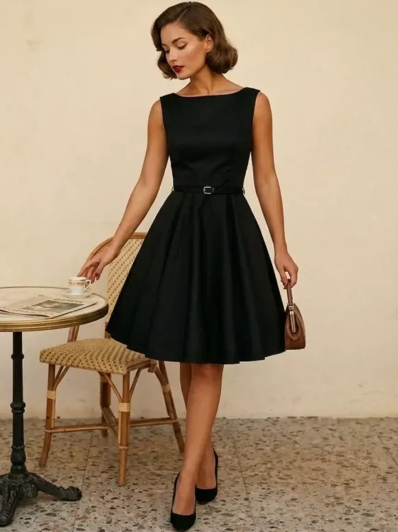 Robe de cocktail vintage années 1950 pour femme - Robe midi style Audery sans manches col bateau coupe trapèze et ceinture - Idéale pour un mariage (2026)