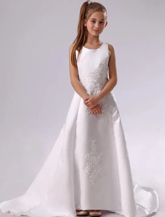 Robe de cortège enfant blanc en satin col rond avec applique