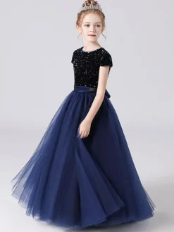 Robe de cortège enfant robe fille cérémonie rose paillete col rond manche courte au sol jupe en tulle noeud sur dos