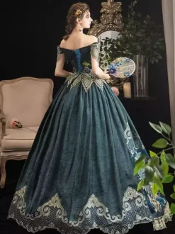 Robe de Cour Marie-Antoinette Style Rococo Vert Forêt Robe Décolletée Épaules Dénudées Cérémonie Princesse Victorienne