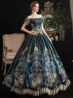 Robe de Cour Marie-Antoinette Style Rococo Vert Forêt Robe Décolletée Épaules Dénudées Cérémonie Princesse Victorienne