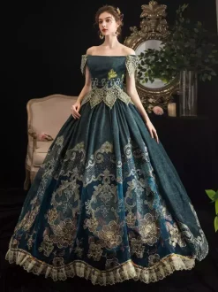 Robe de Cour Marie-Antoinette Style Rococo Vert Forêt Robe Décolletée Épaules Dénudées Cérémonie Princesse Victorienne