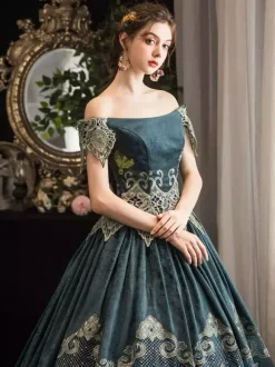 Robe de Cour Marie-Antoinette Style Rococo Vert Forêt Robe Décolletée Épaules Dénudées Cérémonie Princesse Victorienne