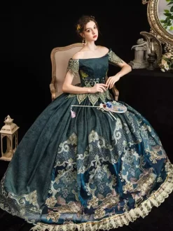 Robe de Cour Marie-Antoinette Style Rococo Vert Forêt Robe Décolletée Épaules Dénudées Cérémonie Princesse Victorienne