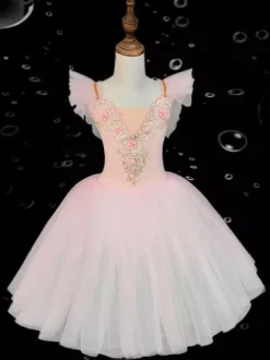 Robe de danse de ballet pour enfants jupe de ballet à volants brodés et dos nu pour spectacle de danse pour enfants