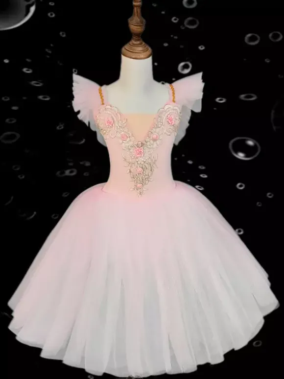 Robe de danse de ballet pour enfants jupe de ballet à volants brodés et dos nu pour spectacle de danse pour enfants