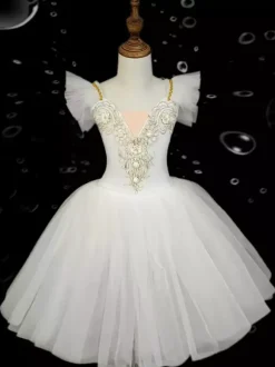 Robe de danse de ballet pour enfants jupe de ballet à volants brodés et dos nu pour spectacle de danse pour enfants