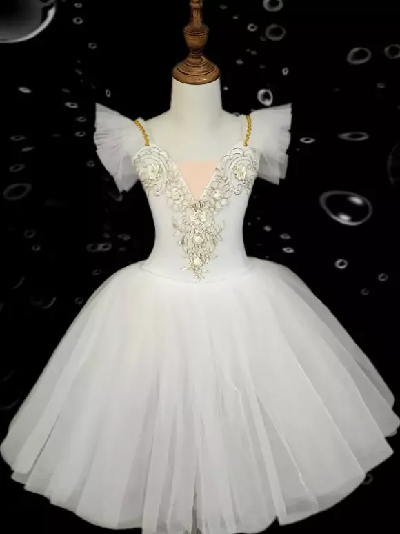 Robe de danse de ballet pour enfants jupe de ballet à volants brodés et dos nu pour spectacle de danse pour enfants