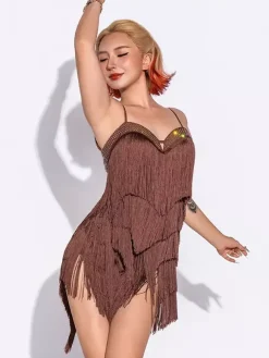 Robe de danse latine à franges robe en polyester pour femme costume de danseuse spaghetti