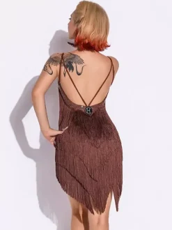 Robe de danse latine à franges robe en polyester pour femme costume de danseuse spaghetti