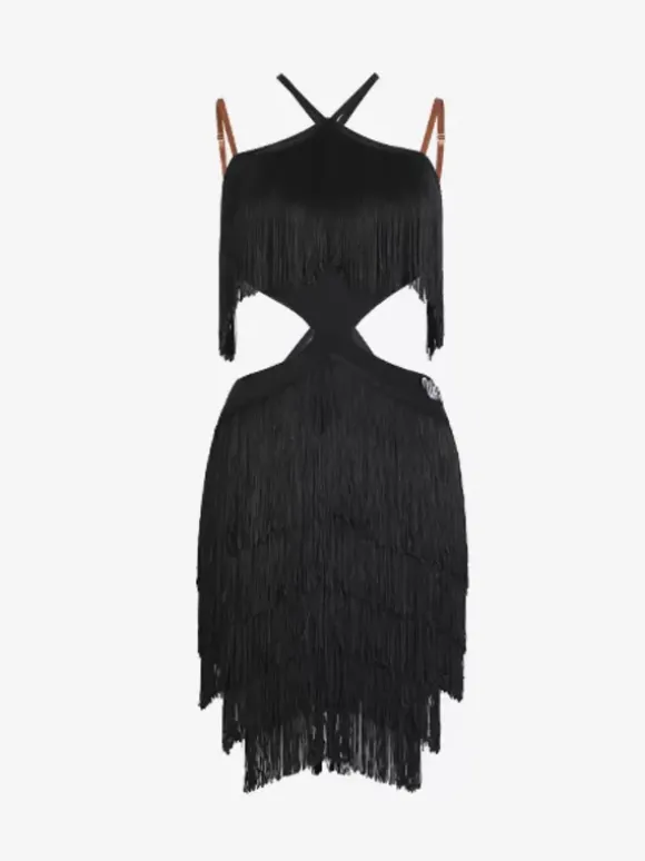 Robe de danse latine noire ensemble dos nu à franges costume de danse