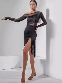 Robe de danse latine noire à franges pour femme robe de danse sexy asymétrique à une épaule