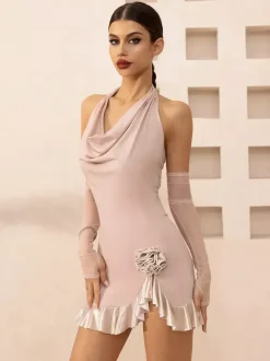 Robe de danse latine noire à volants pour femme dos nu sculptant costume de danse latine