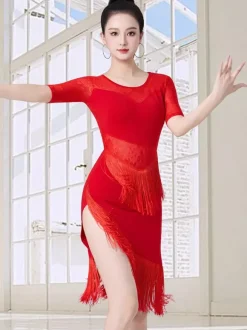 Robe de danse latine noire pour femme à franges en maille manches courtes sexy en polyester